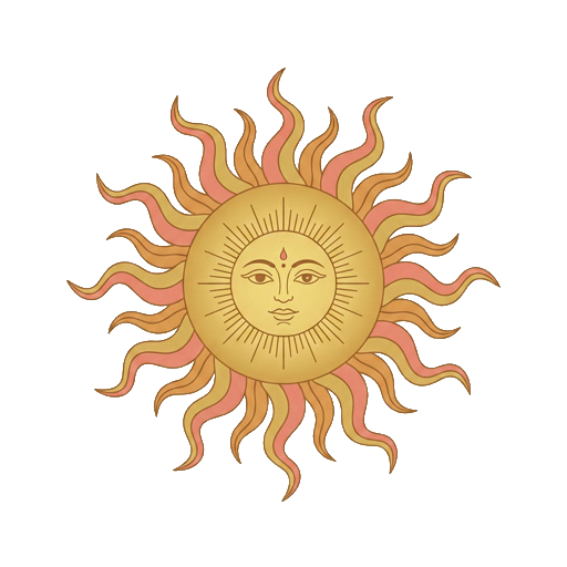 A hand-illustrated golden sun mark